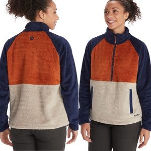 NWT MARMOT Women's Homestead Sherpa 1/2-Zip Fleece Orange/Blue/Beige - Size: XS